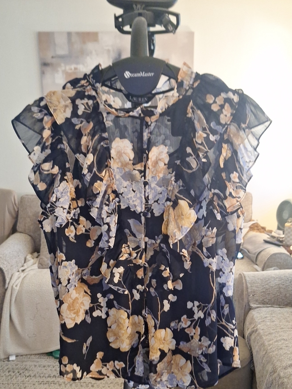 NWT Lauren Ralph Lauren Navy Floral Ruffle Tie-Neck Blouse